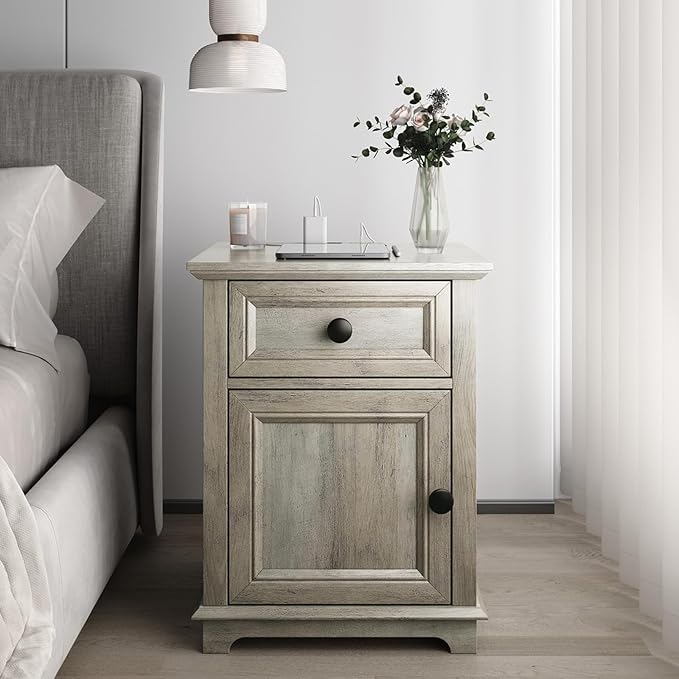 End Tables with Charging Station Set of 2, Side Tables with Drawer and Adjustable Shelf, Night Stand Set of 2, Wooden Side Table for Living Room/Bedroom/Office, Light Grey.