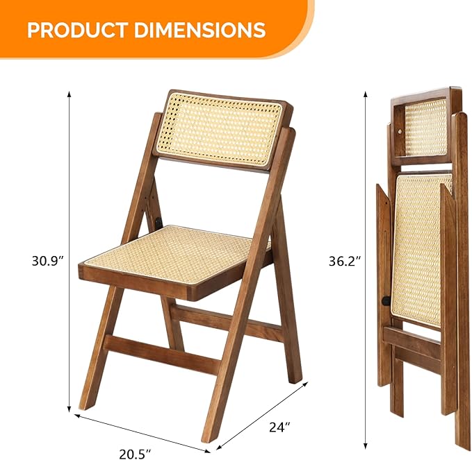 VINGLI 2 Pack Rattan Wooden Folding Chair, Dining Folding Chair with 360° Swivel Backrest, Sturdy Rubberwood Frame and Rattan Woven Seat and Back, Walnut, Set of 2