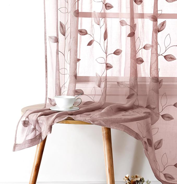 HOMEIDEAS Blush Pink Floral Sheer Curtains 96 Inches Long 2 Panels Embroidered Pattern Semi Sheer Window Drapes for Bedroom Living Room