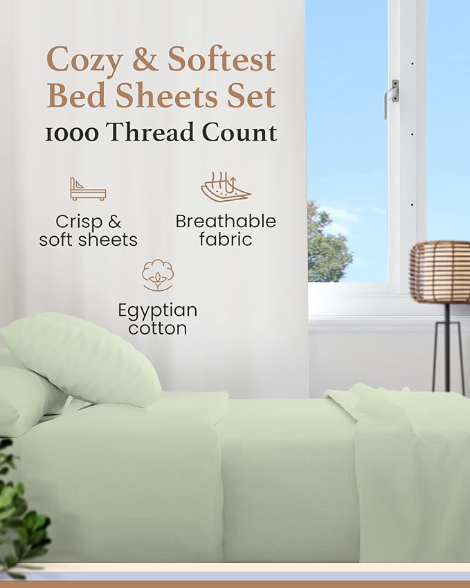 Good Sleep Bedding Split King Sheets Set - 100% Cotton, 1000 TC Egyptian Cotton, 5 Piece Set, 2 Fitted - 16" Deep Pocket, Sateen, Sage