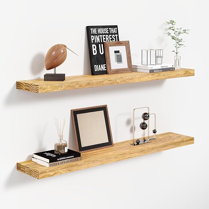 24'' Pine Wood Floating Shelves for Wall- Set of 2 - Rustic Wall Mounted Wooden Shelf for Stylish Home Dรฉcor - Natural Color - 24x6.5x1.25 Inches, 2pcs