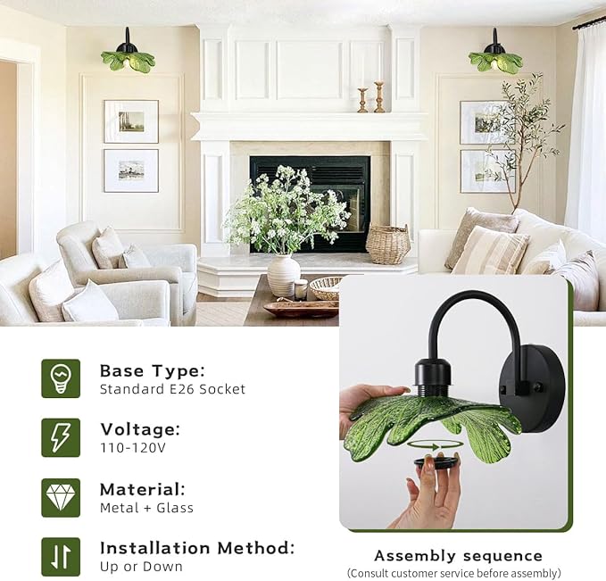 Matte Black Vanity Light Bathroom Wall Sconce 1-Light Vintage Wall Sconce Lights Wall lamp with Green Glass Shade Bathroom Vanity Light Over Mirror for Bedroom Hallway Living Room