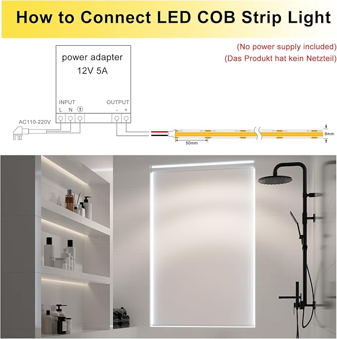 led Strip Lights Waterproof,DC24V Strip Lights IP65,3000K Warm White,320LEDs/M,8MM Wide,16.4ft/5M,CRI90+,Outdoor led Strips for Bathroom Decor,Pool,Aquariums(Not Included Power)
