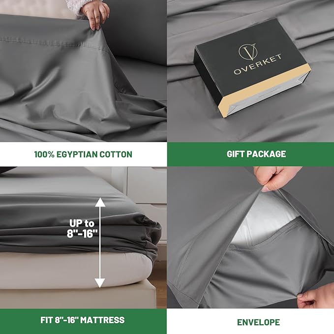 1000 Thread Count Egyptian Cotton Sheets Queen Size Set 4PCS Sateen Weave Soft Breathable 16-Inch Deep Pocket(Queen,Dark Grey)