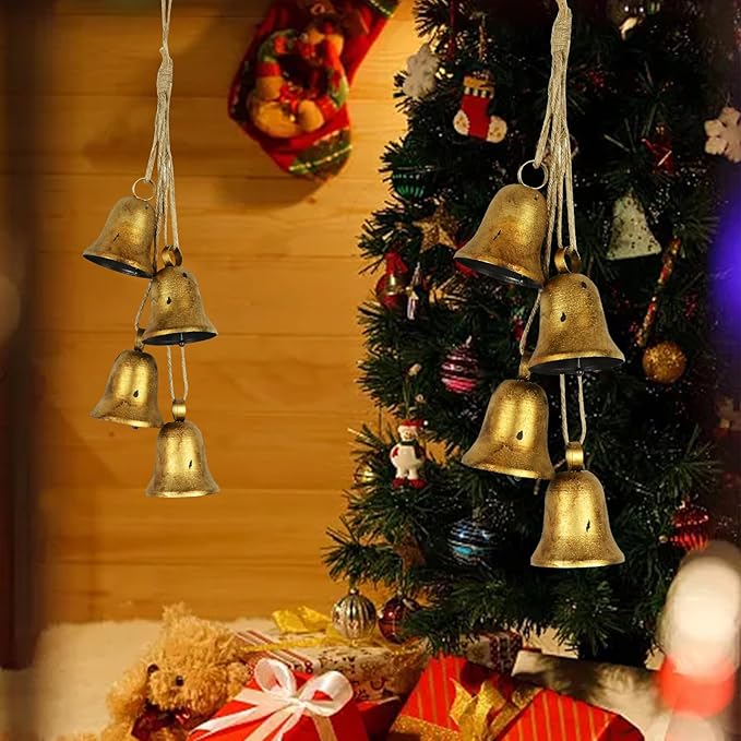styleonme Decorative Bells, 4-Piece Set of Harmonious Bells, Vintage Handmade and Rustic Lucky Christmas Bells Hanging on a Rope, Gifts for Mom, Grandma, and Women