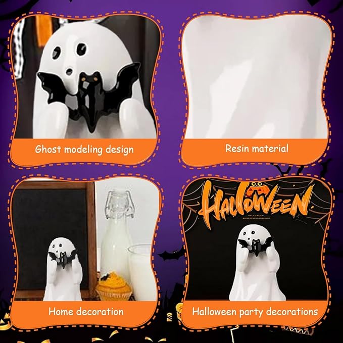 Halloween Cute Ghost Figurine with Black Batβ Resin Mini Ghost Statue for Spooky Home Decor, alloween Ghost Decor for Table, Shelf, Desk, Mantel