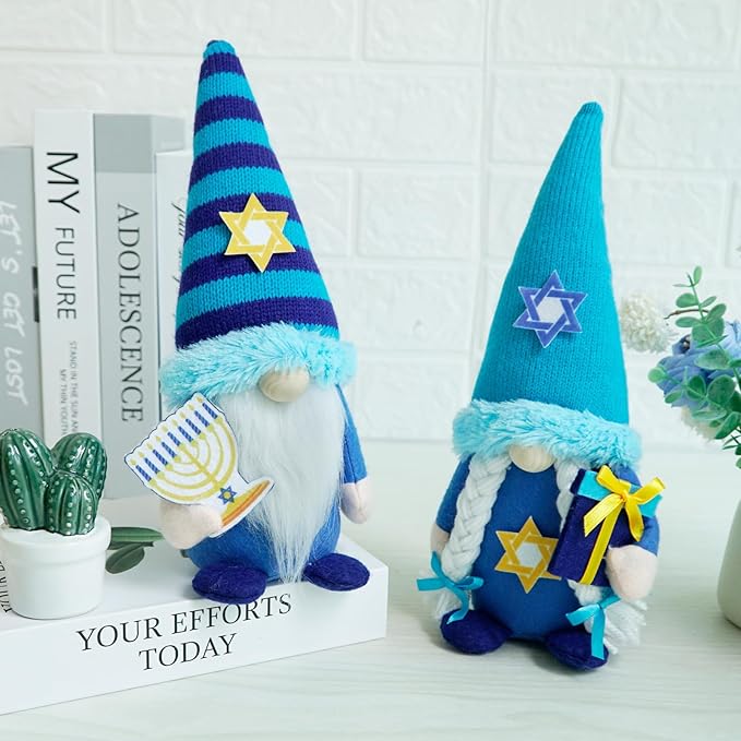 Hanukkah Gnomes Decorations for Home- Jewish Gifts Plush Gnome with Chanukah Menorah- Hanukkah Decorations Indoor for Office, Party, Tiered Tray Decor