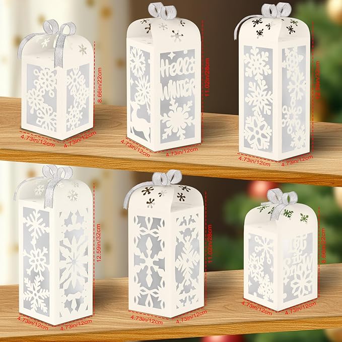 OuMuaMua Christmas Centerpiece Table Decorations, 6Pcs Light Up White Snowflake Paper Lanterns Decorative Glitter Table Centerpiece Boxes for Winter Wonderland Christmas Holiday Party Home Decor