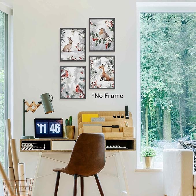 TLESKE Winter Christmas Woodland Animals Posters Prints Unframed Set of 4 for Home Bedroom Living Room Nursery, Snowy Forest Jungle Wall Art Prints Decor, Hare Rabbit Bunny Fox Birds Cardinal Wall Pictures, 12x16