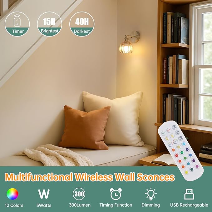 Vintage Battery Operated Wall Sconce with Cute Amber Tulip Glass Lampshade Wireless Rechargeable Battery Powered Wall Light with Remote Control for Bedside Bedroom Doorway, Set of 2
