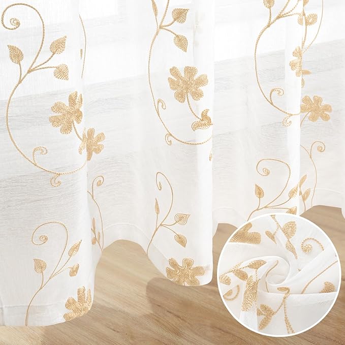 HOMEIDEAS Yellow Sheer Curtains 84 Inches Long 2 Panels Yellow and White Embroidered Floral Pattern Semi Sheer Window Curtains for Bedroom Living Room