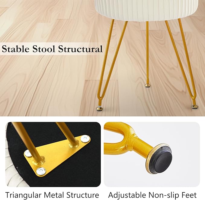 Velvet Vanity Stool Chair, Round Makeup Vanity Chair with Adjustable Metal Legs & Soft Padded Seat, Ottoman Foot Stool for Bedroom, Living Room, Entryway