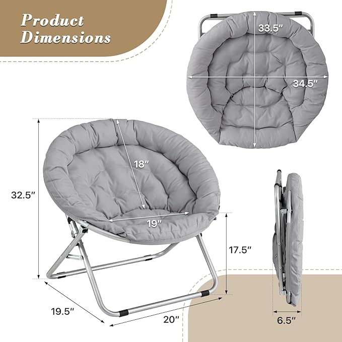 Athena Collection Comfy Saucer Chair, Folding Oversized Cozy Chair for Bedroom Living Room Fabric Reading Chair, Foldable Metal Frame Round Lazy Chair Moon Chair for Adult Set of 2, Gray