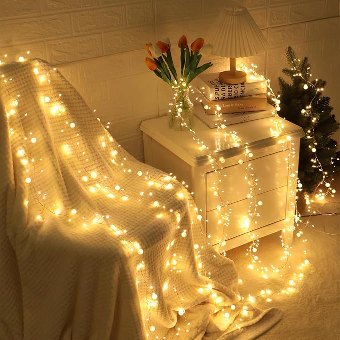 Battery Powered Fairy Lights with Remote, 200Led Cluster Lights Christmas Twinkly Globe String Lights for Christmas Tree Waterproof Copper Wire Firecracker Light for Bedroom Indoor Decoration