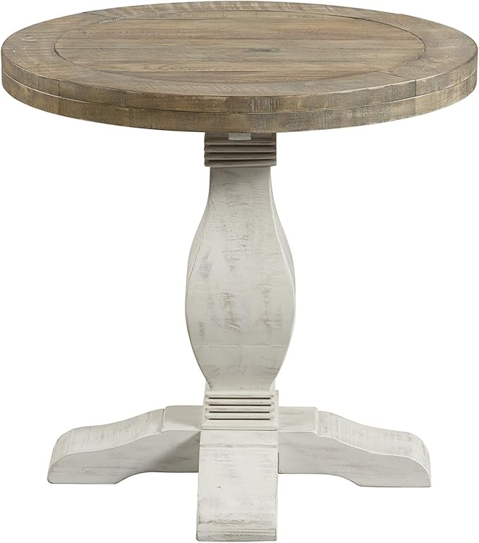 Napa Solid Wood Farmhouse Rustic Reclaimed Natural and White Stain Round End Side Accent Living Room Table, Nightstand Bedside 26" W x 26" D x 25" H