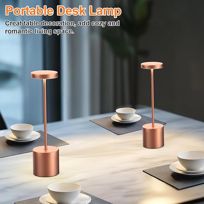 Cordless Table Lamp – 2 Pack Rechargeable Table Lamps, 5000mAh Battery Operated Lamp with 3-Color Dimmable Light, Outdoor Table Lamp for Bedroom, Restaurant, Patio, Home Décor (Rose Gold)