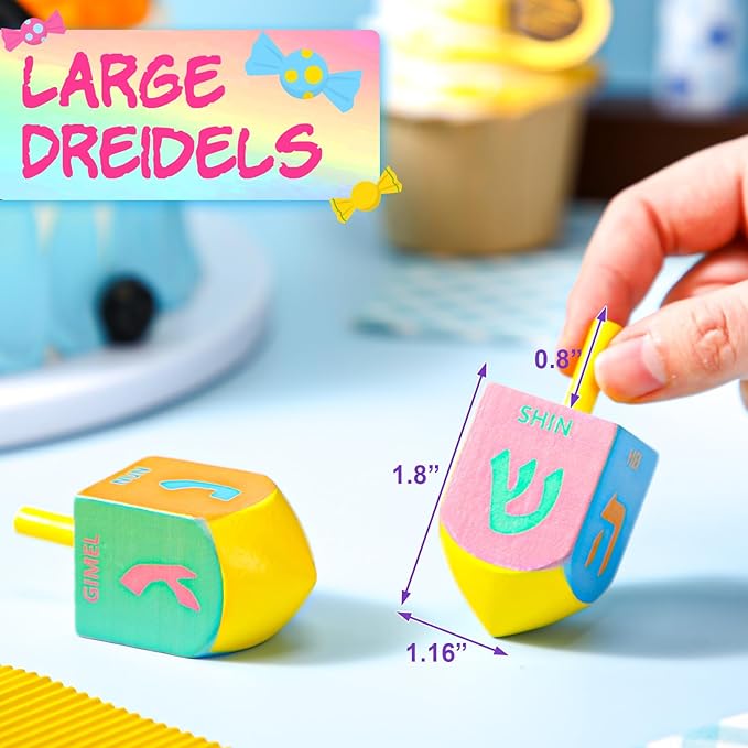 2 Pcs Hanukkah Dreidels Game Toy Extra Large Wooden Dreidel for Hanukkah Decoration with English Transliteration, Forever Spinning Tops Party Favors(Fresh)