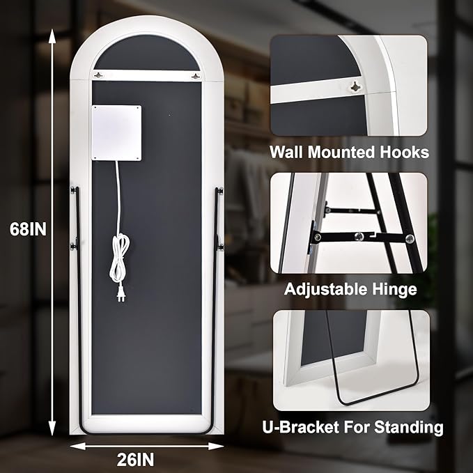 26x65 inch Full Length Mirror with Lights, LED Lighted Floor Standing, Hanging Full Length with Stand, Full Body Dressing Mirror with Dimmable 3 Color LED