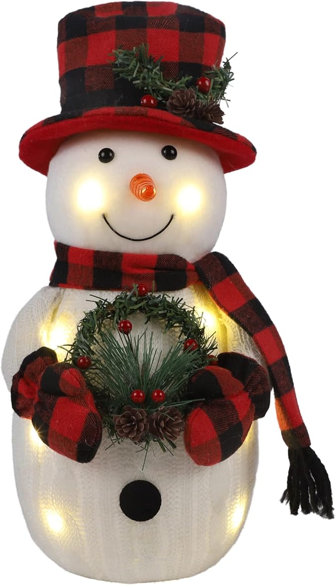 Christmas Lighted Snowman, 12" Snowman with Wreath Christmas Table Decorations, Red Black Plaid Snowman Xmas Decor for Home Kitchen Holiday Party