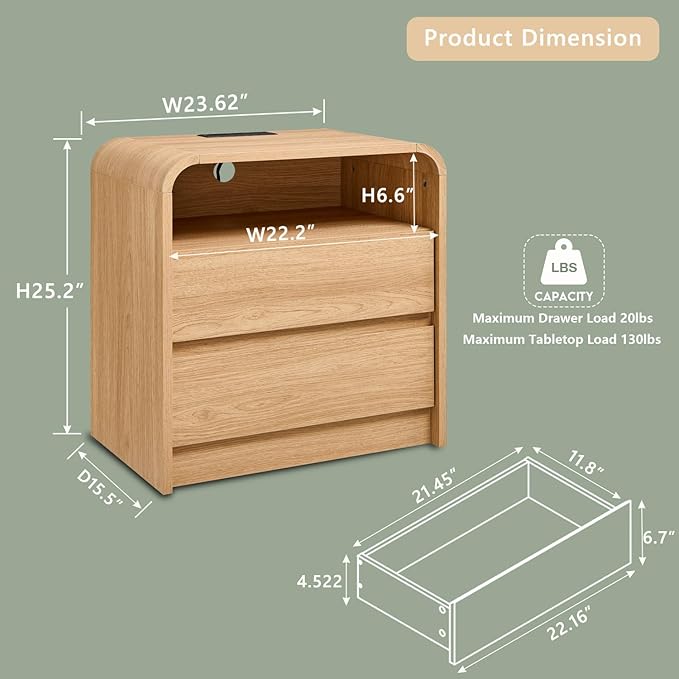 25" Tall Modern Nightstand with Charging Station, 23.6'' Wide Wood Bedside Table w/2 Storage Drawers, Large Mid Century End Table for Bedroom, Living Room, Curved Profile Design,Natural Oak