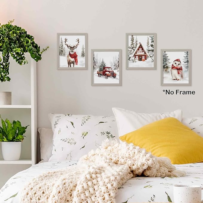 TLESKE Winter Christmas Snowy Woodland Animals Posters Prints Unframed Set of 4, Deer Reindeer Moose Owl with Red Scarf Wall Art Prints Decor for Nursery Bedroom, Christmas Pine Trees Wall Pictures, 8x10 Inches