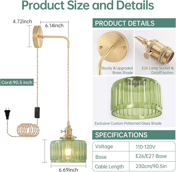 Vintage Wall Sconce Wall Lamp with Green Striped Glass Shade Hanging Wall Sconce with 4.9FT Plug in Cord, Modern Wall Lamp Fixtures Decor for Bedside Bedroom Indoor Doorway