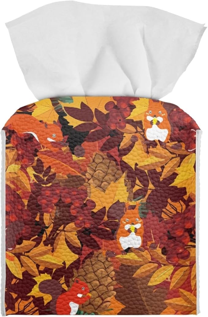 Maple Leaves Tissue Box Cover Square Pu Leather Tissue Box Holder for Napkin Facial Paper Organizer with Buttons Thanksgiving Squirrel Modern Home Decorative for Bedroom/Bathroom