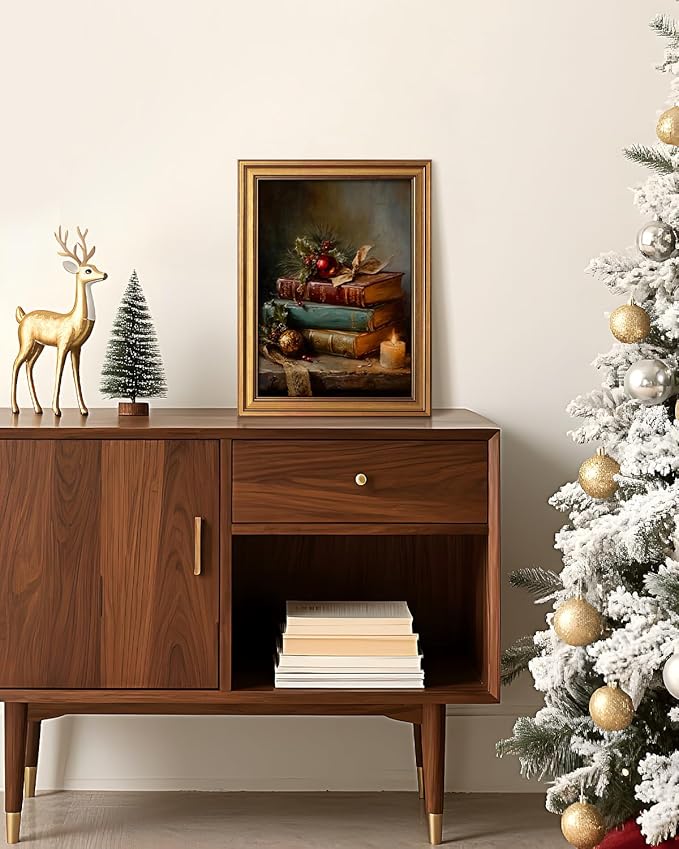 VIYYIEA Vintage Gold Framed Wall Art for Living Room, Christmas Canvas Prints Home Decor, Oil Painting Picture, Bedroom Wall Decor Gifts for Friends or Family -【Christmas Magic Book】-(16L x 12W)