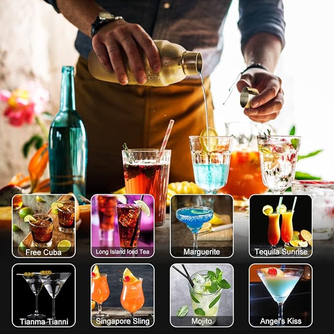 23 Piece Cocktail Shaker Set Bartender Kit with Acrylic Stand & Cocktail Recipes Booklet, Professional Bar Tools for Drink Mixing, Home, Bar, Party (Include 4 Whiskey Stones) - Gold