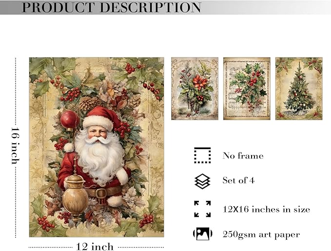 JXREQ Vintage Christmas Pictures Wall Decor Prints,Retro Christmas Wall Art Decorations for Home Kitchen Bathroom Bedroom Living Room,Santa Claus Xmas Tree Decor Prints Set of 4,12x16 Unframed