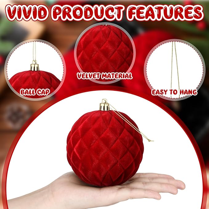 4 Pcs 4 Inch Large Velvet Christmas Ball Ornaments Vintage Christmas Plastic Ball Ornaments Flocked Tree Hanging Decoration for Xmas Party Wedding Home Decor(Red)