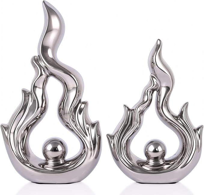 2 Pcs Silver Ceramic Sculptures for Home Decor, Modern Abstract Art Statues, Centerpieces for Dining Room Table, Living Room, Shelf, Mantel, Coffee Table, Entryway Accent Decorations