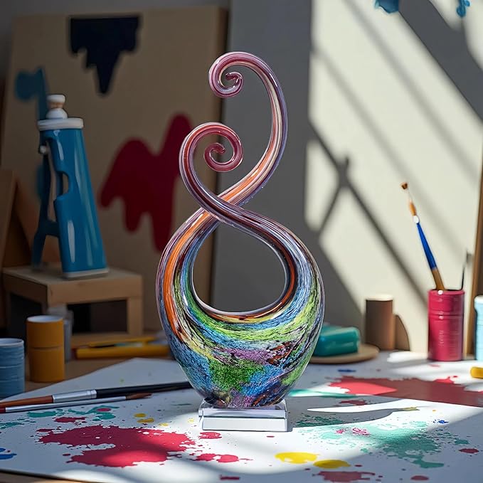 14″ Hand Blown Glass Art Sculpture with Fluid Design and Clear Square Base - Weatherproof Indoor & Outdoor Use Decor - Abstract Glass Art Piece