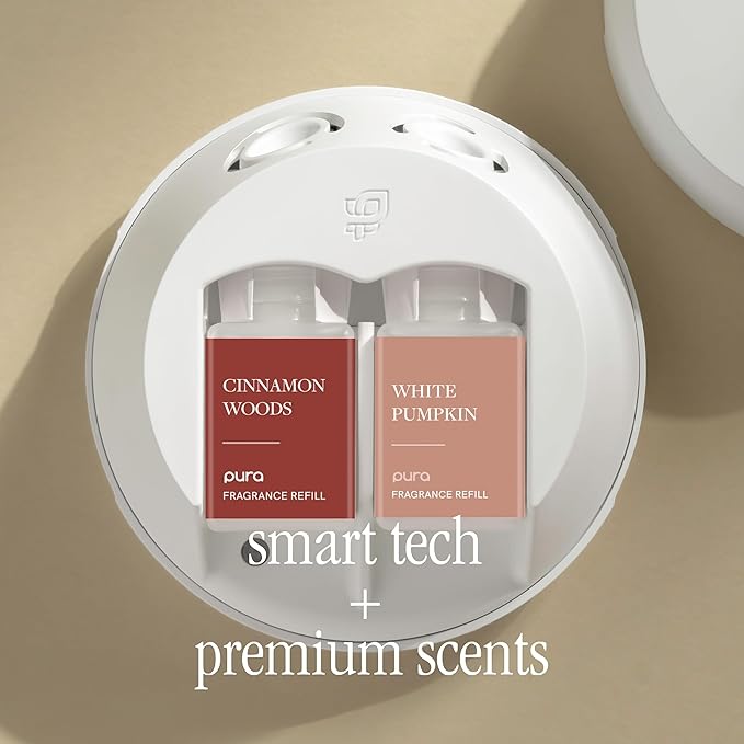Pura - Smart Home Fragrance Device Starter Set - Pura 4 - Scent Diffuser for Home - Includes Fragrance Aroma Diffuser - Square Box, Cinnamon Woods and White Pumpkin Scent Refills