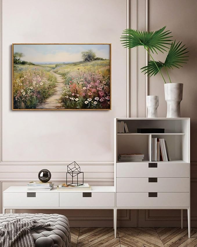 KISSFOX Vintage Wild flower Path Landscape Canvas Wall Art Spring Farmhouse Nature Floral Framed Wall Art Rustic Cottagecore Botanical Painting Art Prints Artwork For Living Room Bedroom Kitchen