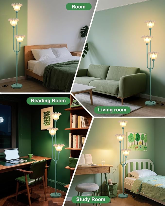 Lightdot Flower Floor Lamp 3-Lights Rustic Floor Lamps with 3000K Warm White Bulbs for Wedding Party Modern Tall Standing Lamp for Living Room/Bedroom-Grey Green