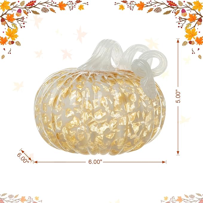Glitzhome 6" D Fall Amber Dots Round Glass Pumpkin,Hand Blown Crystal Pumpkin Figurine Collectibles Table Accent for Fall Harvest Decorating