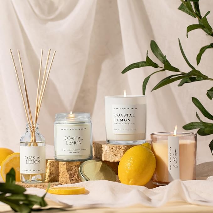 Sweet Water Decor Coastal Lemon Scented Candles - Soy Candles with Lemon, Sea Salt, & Driftwood for Home Decor - Candle Wax with 40 Hours Burn Time - 9oz Gold Lid Clear Jar Candles for Home Scented
