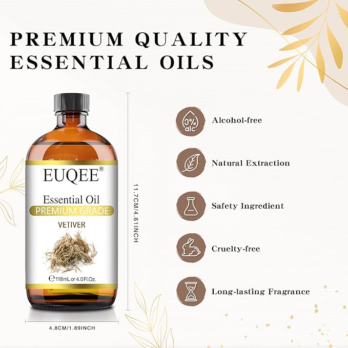 EUQEE Vetiver Essential Oil 4oz/118ML Large Bottle Vetiver Oil Premium Essential Oil for Candle Making, Humidifier, Diffusers - with Glass Dropper