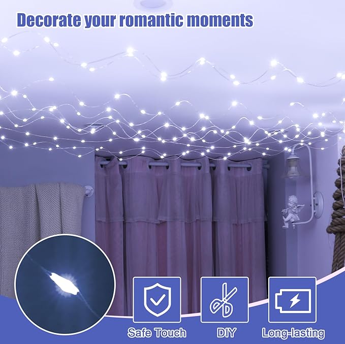 Upgrade 300 LED Curtain Light, 9.8ft x 9.8ft Copper Wire String Lights, USB Powered Hanging Window Fairy Lights, 8 Lighting Modes, Remote Control for Home Christmas Wedding Party, White