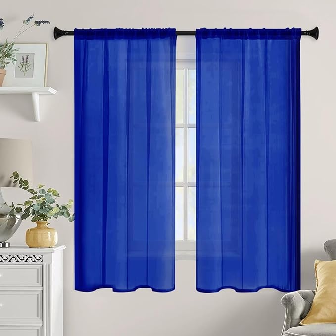 Sheer Curtains 54 Inches Long 2 Panels, Rod Pocket Short Curtain for Kitchen, Bedroom, Cafe Window(Blue Sapphire 38" W x 54" L)