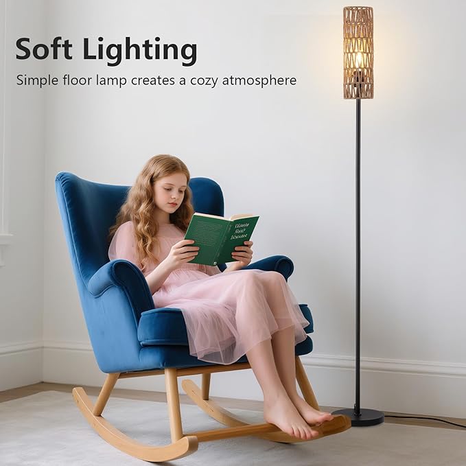 Floor Lamp for Living Room,Farmhouse Rattan Floor lamp,Modern Standing lamp with Hand-Worked Rattan Shade,Black Tall Lamp with Foot Switch,LED Bulb Included Black