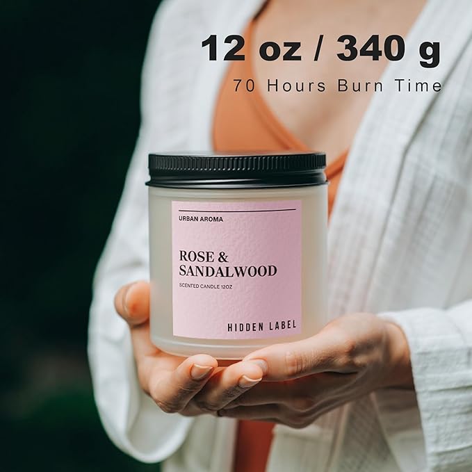 Hidden Label Rose & Sandalwood Scented Candle, 12oz 2 Wick Natural Soy Non Toxic Candles, Clean Burning Long Lasting Aromatherapy for Home | Gifts | Décor,Premium Scents for Relaxation & Stress Relief