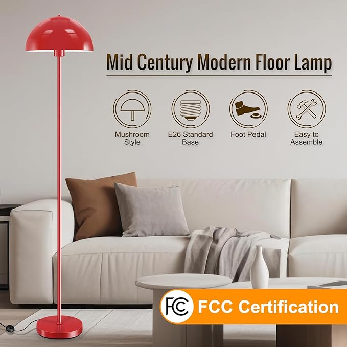 Floor Lamp Red, Industrial Tall Lamps for Living Room, 65.5" Standing Lamp, Metal Mushroom Lamp Shade, E26 Base, Footswitch, SGS Listed, Modern Pole Lamps for Nursery Bedroom, Mid Century Home Decor