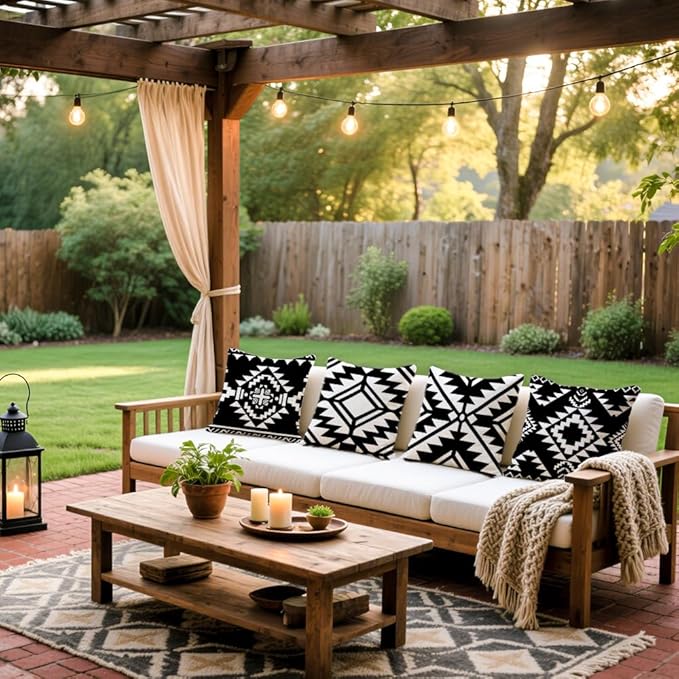 Cirzone Outdoor Pillow Covers 18x18 Set of 4 Morden Black Geometric Patterns Waterproof Throw Outdoor Pillows Boho Decorations for Funiture Patio Garden Home