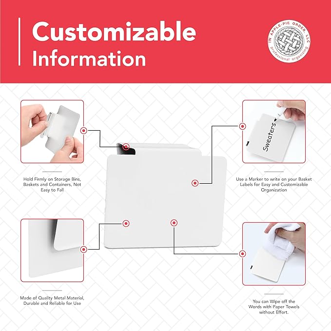 Labels for Storage Bins | Metal Storage Bin Clips (2.5โ x 3.5โ) - Set of 8 Basket Clip On Tags for Storage Bins w/Non-Slip Grip Pads & Dry Erase Marker - Removable Bin Labels for Storage Baskets