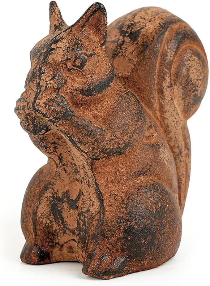 Sungmor Cast Iron Squirrel Statue, Vintage Animal Collection Figurines, Home Office Table Decor, Paperweight, Doorstop, Garden Lawn Cute Ornament, Rust Finish
