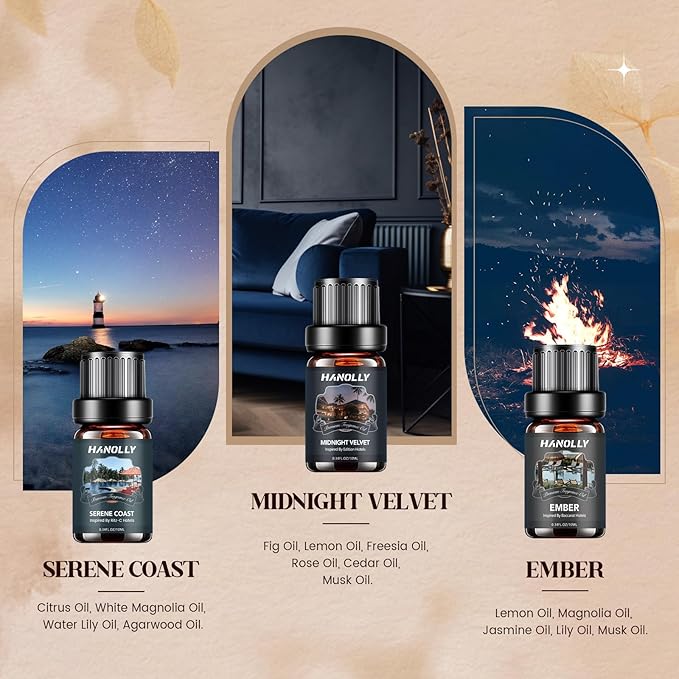 Hotel Diffuser Oils Gift Set - 6x10ML Luxury Hotel Scent Essential Oils Set for Diffuser, Candle Making - Premium Fragrance Oil, My Way, Ember, Dream On, Serene Coast, Midnight Velvet, Golden Bloom