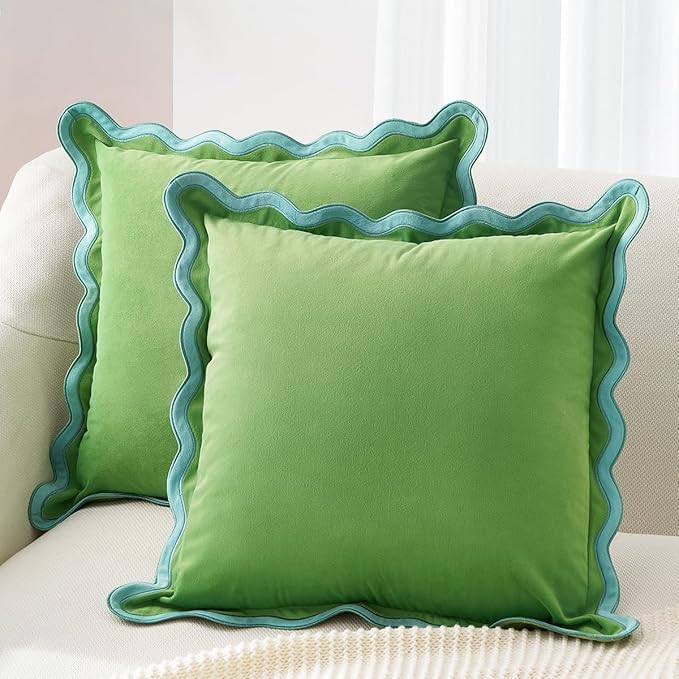 MONDAY MOOSE Decorative Throw Pillow Covers Cushion Cases, Set of 2 Soft Velvet Scalloped Wavy Edge Designs, Pillow Inserts Not Included (Light Blue/Light Green, 16x16 inch)