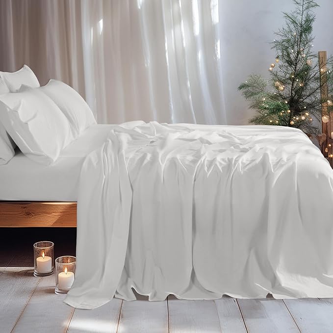 LBRO2M 100% Linen Sheet Set Queen Size, Bed Sheets 6 Piece Sets,Solid Color Natural Flax Bed Sheets Soft Breathable Bedding,16" Deep Pocket,All Season (Queen, White)
